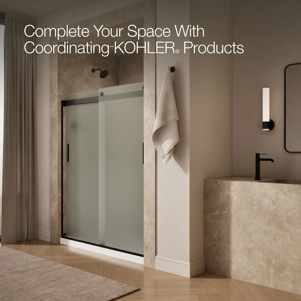 KOHLER K-706009-D3 Levity Sliding shower door, 74" H x 56-5/8 - 59-5/8" W, with 1/4" thick Frosted glass and blade handles - Image 13