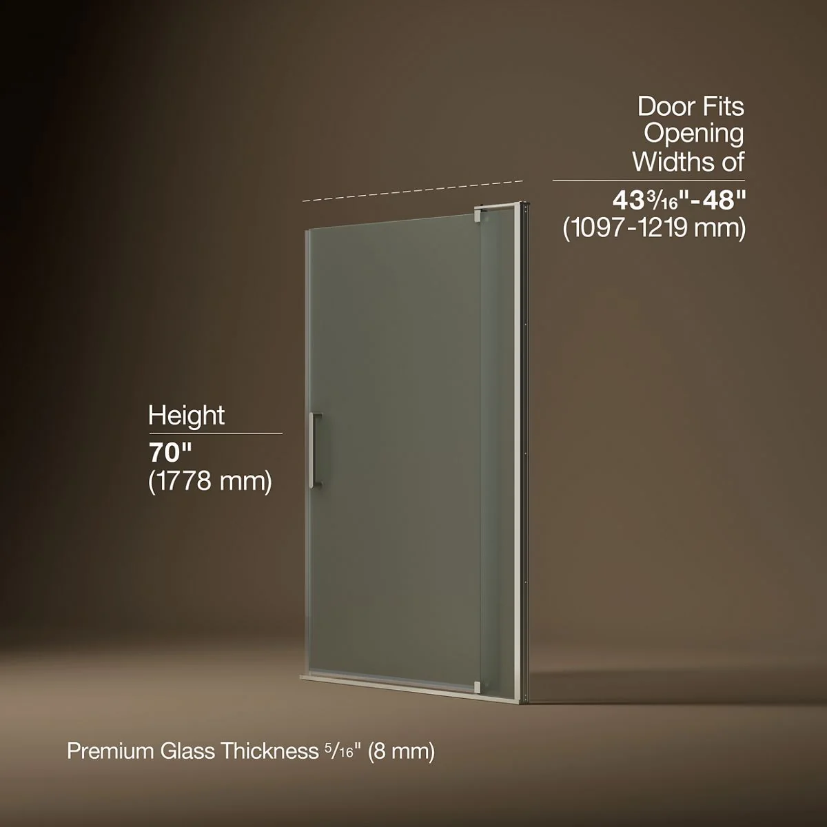 KOHLER K-707551-D3 Revel Pivot shower door, 70" H x 43-1/8 - 48" W, with 5/16" thick Frosted glass - Image 13