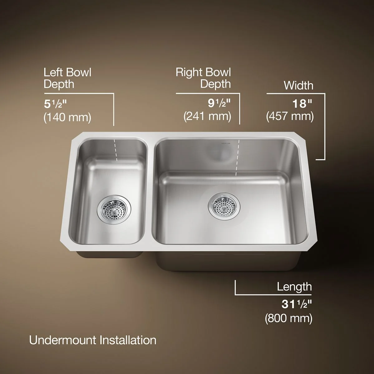 KOHLER K-3174-L Undertone 31-1/2" undermount double-bowl kitchen sink - Image 6