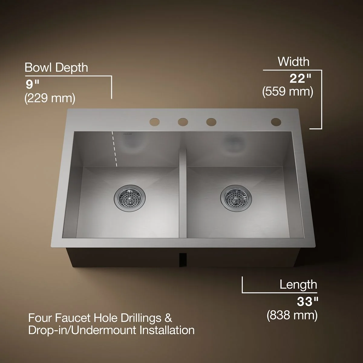 KOHLER K-3838-4 Vault Smart Divide 33" top-/undermount double-bowl kitchen sink - Image 6