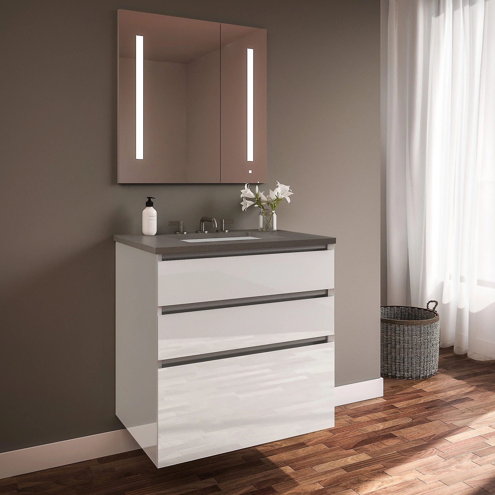 robern 24219100NB00003 Curated Cartesian Vanity, 24" x 7-1/2" x 21", 24" x 15" x 21", Three Drawer, White Glass, Tip Out Drawer, Plumbing Drawer, Full Drawer, Engineered Stone 25" Vanity Top, Stone Gray (Silestone Expo Grey)