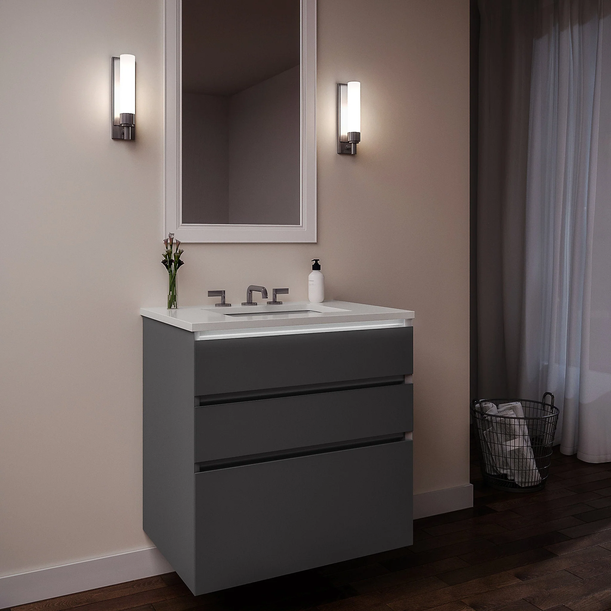 robern 24279200TB00003 Curated Cartesian Vanity, 24" x 7-1/2" x 21", 24" x 15" x 21", Three Drawer, Matte Gray Glass, Tip Out Drawer, Plumbing Drawer, Full Drawer, Night Light, Engineered Stone 25" Vanity Top, Quartz White (Silestone White Storm)