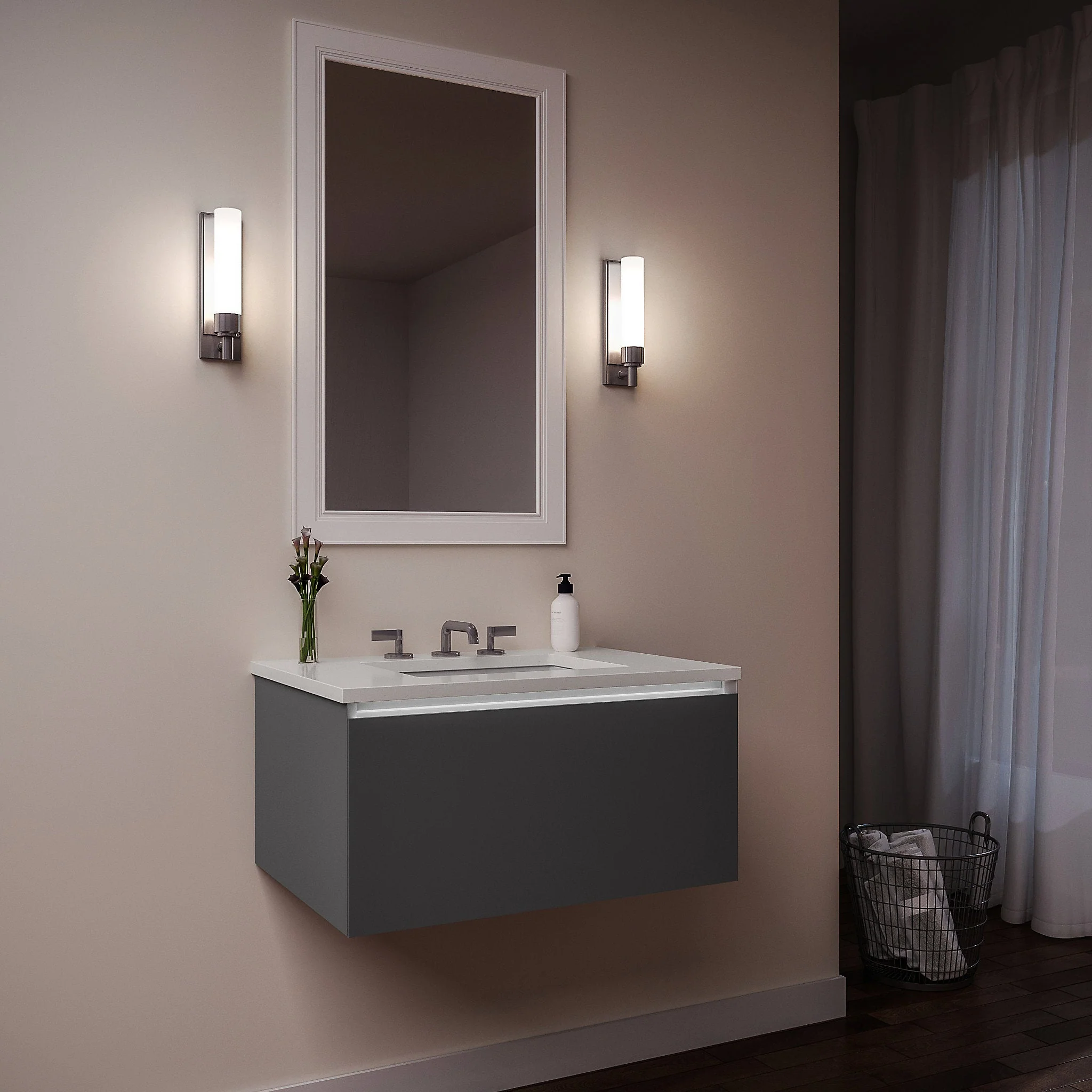 robern 36279200TB00001 Curated Cartesian Vanity, 36" x 15" x 21", Single Drawer, Matte Gray Glass, Plumbing Drawer, Night Light, Engineered Stone 37" Vanity Top, Quartz White (Silestone White Storm)
